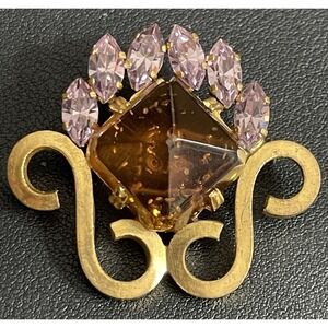 Antique Art Deco Czech Brooch "Glow" Lilac Rhinestones Trombone Clasp c1920s